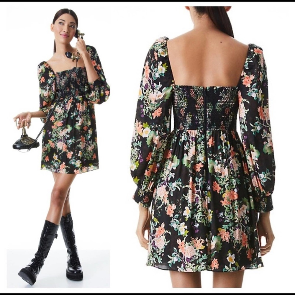 Alice + Olivia Womens Cooper Black Floral Blouson Sleeve Smocked Mini Dress 6